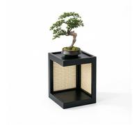KELENMNAZT Étagère à Plantes en Bois Massif et Rotin, Étagère au Sol à 2 Niveaux for Bonsaï et Déco, Panneaux Latéraux Tressés, Base 30x30cm, Hauteurs 40/60/80cm(Black,40cm/15.7in)