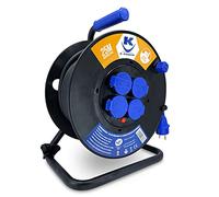 KELI - Enrouleur Rallonge Electrique Pro Extérieur Section 3G2.5mm² H07RNF 16A, 4 Prises à Clapet IP44, Fiche Bleue, Disjoncteur Thermique de Sécurité, Poignée de transport