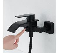 Kelleria Robinet Baignoire Cascade Noir - Mitigeur Monocommande Mural en Laiton avec Bouton Poussoir pour Baignoire et Douche - Montage Facile avec Accessoires - 2 Sorties pour Bain