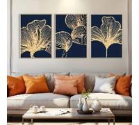 KEMEIQI Lot de 3 impressions murales bleu marine et or, motifs botaniques, feuilles florales, affiches de salon, art moderne décoratif (40 x 60 cm x 3, sans cadre)