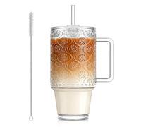 KEMORELA Gobelet en verre de 710 ml avec paille et couvercle, tasses à café glacé avec couvercles, tasse à smoothie avec poignée, verre à motif bégonia pour boissons froides, gobelet réutilisable pour