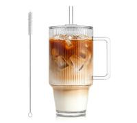 KEMORELA Gobelets en verre côtelé de 710 ml avec couvercles et pailles, tasse en verre côtelé avec poignée, verre à café glacé, transparent réutilisable pour smoothies et boissons, motif nervuré (1)