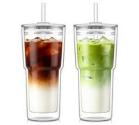 KEMORELA Lot de 2 gobelets en verre à double paroi de 600 ml avec couvercle et paille - Grands verres isothermes en verre pour latte, café glacé, smoothies et boissons froides