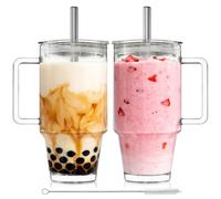 KEMORELA Lot de 2 gobelets en verre avec couvercles et pailles, transparents de 710 ml avec poignée, verres réutilisables pour café glacé, thé, eau, couvercle anti-fuite, passent au lave-vaisselle