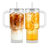 KEMORELA Lot de 2 gobelets en verre de 789 ml avec poignée et couvercle, transparent