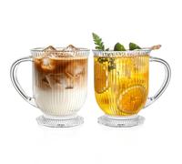 KEMORELA Lot de 2 tasses à café en verre côtelé transparent de 473,6 g avec poignée, accessoires de bar à café, verres durables pour boissons chaudes