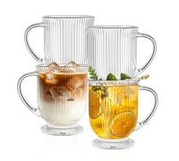 KEMORELA Lot de 4 tasses à café en verre avec poignée, tasses à café en verre nervuré
