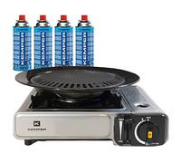KEMPER - Barbecue Grill 2 en 1 Réchaud gaz piézo 2200 W + Plaque Grill + 4 Cartouches gaz Butane Camping