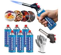 KEMPER - Chalumeau de Cuisine, Torches de Cuisine, Brûleur de Cuisine Réglable pour BBQ, Crème Brûlée, Pâtisseries, Desserts, Camping + 6 Cartouche de gaz butane 227gr et des Gants gratuits