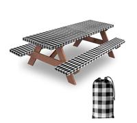 KENOBEE Ensemble de 3 Nappes de Table de Pique-nique avec Envers en Flanelle et Bords Élastiques, Imperméable, Facile à Nettoyer, pour Intérieur ou Extérieur, Terrasse, Noir et Blanc