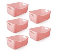 KEPLIN Lot de 5 paniers de rangement en plastique rose avec poignées pour l'organisation de la maison et du bureau, étagères, tiroirs, cuisine et placards (rose, lot de 5)