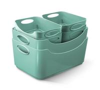 KEPLIN Lot de 6 paniers de rangement en plastique bleu sarcelle avec poignées pour l'organisation à la maison et au bureau, étagères, tiroirs, cuisine et placards (bleu sarcelle, lot de 6)
