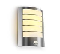 Kerry Applique murale extérieure PIR pour porte d'entrée - Alimentation secteur - Étanche IP44 - Lampe extérieure incurvée en acier inoxydable avec détecteur de mouvement - Applique E27 pour porche