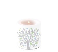 Kerze rund Arbre de vie argenté/vert - Décoration de table pour communion, confirmation et baptême - Diamètre : 7,5 cm - Hauteur : 8 cm.