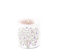 Kerze rund Arbre de vie taupe/violet - Décoration de table pour communion, confirmation et baptême - Diamètre : 7,5 cm - Hauteur : 8 cm