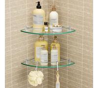 KES Étagère Murale Étagère d'angle en Verre Étagère Salle de Bain Douche Tablette Étagère en Verre Trempé avec Porte Serviette 2 Pièces Acier Inoxydable SUS304 Brossée, BGS2101A-2-P2