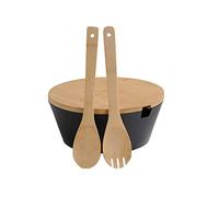 KESPER | Bol à fruits et salade avec couverts, matière : plastique, bambou, dimensions : Ø 26 cm, hauteur : 11 cm, couleur : noir, marron | 92524