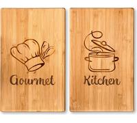 KESPER : Lot de 2 plaques de protection pour plaques de cuisson, en bambou, dimensions 50x28x2,8 cm, avec gravure "Gourmet" et "Kitchen", pieds stables, référence 9304613