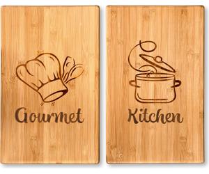 KESPER : Lot de 2 plaques de protection pour plaques de cuisson, en bambou, dimensions 50x28x2,8 cm, avec gravure "Gourmet" et "Kitchen", pieds stables, référence 9304613