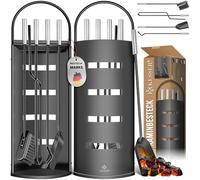 KESSER® Accessoires de Cheminée - Set de 5 pièces, Design Moderne, Revêtu, Composé de 5 pièces : Balai, Pelle, Tisonnier, Pince, Support avec Protection visuelle Acier inoxydable, Noir