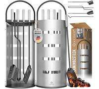 KESSER® Accessoires de Cheminée - Set de 5 pièces, Design Moderne, Revêtu, Composé de 5 pièces : Balai, Pelle, Tisonnier, Pince, Support avec Protection visuelle Acier inoxydable, Argent