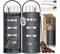 KESSER® Accessoires de Cheminée - Set de 5 pièces, Design Moderne, Revêtu, Composé de 5 pièces : Balai, Pelle, Tisonnier, Pince, Support avec Protection visuelle Acier inoxydable, anthracite