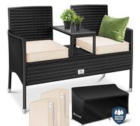 KESSER® Banc de jardin 2 places en rotin synthétique avec table intégrée, 143 x 63 x 88 cm - Banc de jardin, balcon, canapé de jardin - Résistant aux intempéries - Ultra stable - Avec coussin et