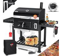 KESSER® Barbecue au charbon de bois XXL, couvercle, roues, poignée en acier inoxydable, thermomètre, grille, brosse, couvercle, 8 brochettes avec sac, pinceau en silicone, sur pied, chariot à charbon