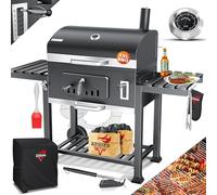 KESSER® Barbecue au charbon de bois XXL, couvercle, roues, poignée en acier inoxydable, thermomètre, grille, brosse, couvercle, pinceau en silicone, sur pied, chariot à charbon