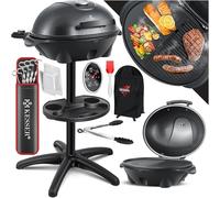 KESSER® Barbecue électrique 2 en 1, sur pied, couvercle, thermomètre, 2400 W, revêtement antiadhésif, plaque de cuisson XXL, rangement intégré