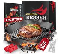 KESSER® Cast Iron Pan Poêle à griller en fonte à induction 26 cm pour barbecue à gaz, four, barbecue à charbon, poêle à steak, poignées de protection, livre de recettes et nettoyant pour anneaux