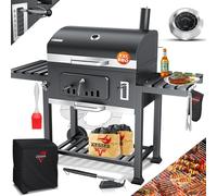 KESSER® Barbecue au charbon de bois XXL, couvercle, roues, poignée en acier inoxydable, thermomètre, grille, brosse, couvercle, pinceau en silicone, sur pied, chariot à charbon