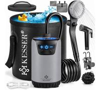 KESSER® Douche solaire de camping avec pompe et batterie rechargeable 4000 mAh - Kit de douche de camping avec pommeau de douche réglable, tuyau de 2 m, pistolet pulvérisateur et support
