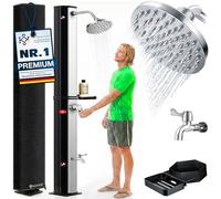 KESSER Douche solaire de jardin, 60 l, avec étagère de douche en métal, capot de protection et sac, eau chaude, max. 60 °C, pommeau de douche à effet pluie et robinet, noir/argenté