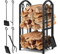 KESSER® Étagère pour bois de cheminée, lot de 5 pièces - 2 étages en métal - Pour l'intérieur et l'extérieur - Avec 4 outils de cheminée - En acier - 40 x 30 x 74,5 cm - Réglable, Noir