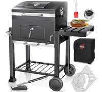 KESSER® Grill Chariot XL Barbecue au charbon de bois avec couvercle, roues, poignée en acier inoxydable, grille, brosse, housse et thermomètre Barbecue au charbon de bois Chariot grand charbon