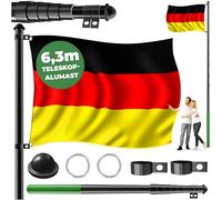 KESSER® Hampe de drapeau télescopique en aluminium | Mât de drapeau de 6,30 m avec douille au sol | Support de banderole | Drapeau allemand résistant aux intempéries avec mât (Schwarz)
