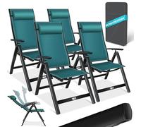 KESSER Lot de 4 chaises de jardin pliantes en aluminium avec accoudoirs - Avec oreiller et housse - 7 positions - Dossier réglable en 7 positions - Respirantes - Résistantes aux intempéries