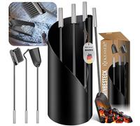 KESSER® Serviteur de cheminée | Set de 4 ustensiles pour cheminée | Set de cheminée de haute qualité composé de 4 pièces : balai, pelle, tisonnier, pince, support en acier, noir