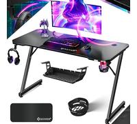 KESSER® Table de Jeu - 140 cm x 60 cm - Bureau Gamer en Forme de Z - Crochet pour Casque et revêtement en Carbone - Bureau d'ordinateur Ergonomique - Table Stable avec Porte-gobelet - Noir