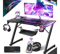 KESSER® Table de Jeu LED - 100 cm x 60 cm - Bureau Gamer en Forme de Z - Crochet pour Casque et revêtement en Carbone - Bureau d'ordinateur Ergonomique - Table Stable avec Porte-gobelet - Noir