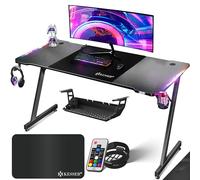 KESSER® Table de Jeu LED - 180 cm x 80 cm - Bureau Gamer en Forme de Z - Crochet pour Casque et revêtement en Carbone - Bureau d'ordinateur Ergonomique - Table Stable avec Porte-gobelet - Noir