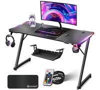 KESSER® Table de Jeu LED - Bureau Gamer en Forme de Z - Crochet pour Casque et revêtement en Carbone - Bureau d'ordinateur Ergonomique - Table (Noir Carbone avec LED, 140 x 60 cm)