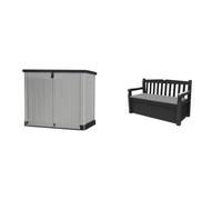 KETER Abri Horizontal Range Poubelle SIO Pro - 1200 litres - Gris & Banc/Coffre de Jardin, Gris Anthracite, 140 x 60 x 84 cm