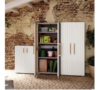 Keter Armoire Groove Faible - 80 cm x 98 cm x 45 cm - Beige - Étanche - Étagères renforcées - Poignées en bois - Pieds réglables - Cadenas - Résine recy Multi-pièces - Extérieur et polyvalent