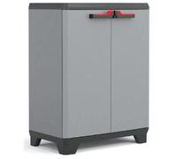 Keter Armoire Basse STILO - Armoire de Rangement Verrouillable - Étagère et Pieds Ajustables, Poignée Soft Touch - Cuisine, Garage, Atelier, Placard - 68 x 39 x 90 cm - Gris/Noir/Rouge