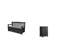 Keter Banc/Coffre de Jardin, Gris Anthracite, 140 x 60 x 84 cm & Bas Noir Armoire à 2 étagères réglables réalisée en résine Detroit Basse 65 x 45 x 97 cm Ecommerce Pack