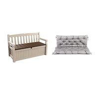 KETER Banc Coffre extérieur Eden Bench - 265 litres & Ambientehome 90266 Coussin de Banquette 2 Places et Coussin de Dossier Housse de Banc Hanko, Gris Clair, env. 120 x 98 x 8 cm