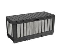 Keter Boîte de rangement de jardin Kentwood 350 litres en plastique effet bois Stormgrey, résistante aux intempéries et aux UV avec fonction siège