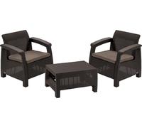 Keter Ensemble de balcon Corfu pour 2 personnes, 2 fauteuils avec table, résistant aux intempéries, marron
